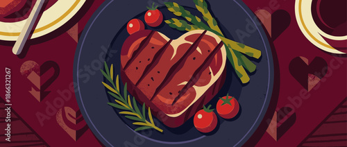 Heart-shaped grilled steak garnished with asparagus, rosemary, and cherry tomatoes on a dark plate in a romantic flat lay illustration with a textured heart pattern