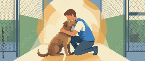 Young man tenderly hugging a brown dog inside an animal shelter, a heartwarming and emotional moment of adoption, rescue, and finding a new forever home