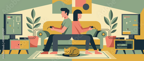 Man and woman couple sitting back-to-back on a sofa playing video games in a retro living room with a sleeping cat, a flat minimalist vector illustration with a vintage color palette
