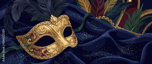 Golden ornate Venetian carnival mask with intricate filigree and colorful feathers rests on a dark blue silk fabric with sparkling confetti for a festive celebration