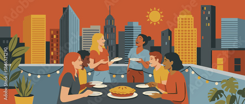 Diverse group of happy young friends laughing and eating pie together at a rooftop party during a warm sunset with a city skyline in the background