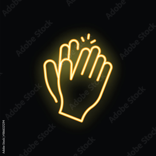 Neon sign of two hands clapping with a bright yellow glow