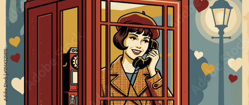Smiling young woman in a beret and coat talks on an old telephone inside a classic red phone booth in a romantic, retro pop art style illustration with hearts