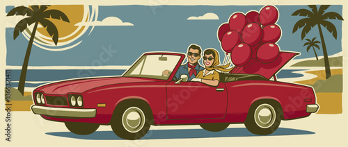 Classic red convertible car with a happy couple on a romantic road trip, driving along a tropical beach with celebratory balloons in a vintage illustration style