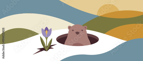Cute brown groundhog peeking from its burrow in the snow next to a purple crocus, heralding the arrival of spring in a minimalist landscape with rolling hills