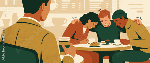 Three happy young friends laughing together while enjoying coffee and pastries at a table in a cozy cafe, a modern vector illustration with a warm, retro color palette and stipple texture