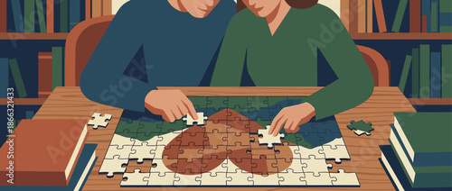 Focused couple sitting closely together assembling a heart-shaped jigsaw puzzle on a wooden table, a concept of love and teamwork in a cozy library