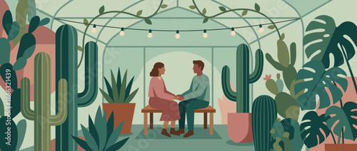 Romantic couple holding hands on a bench inside a beautiful greenhouse filled with cacti, succulents, and hanging string lights creating a peaceful, intimate atmosphere