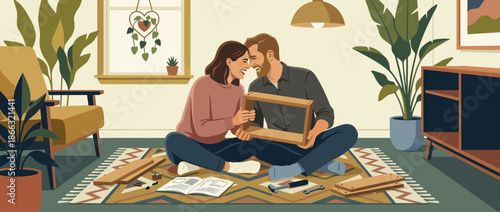 Happy young couple assembling new furniture together, sitting on a patterned rug in their cozy, plant-filled living room, following instructions and using tools