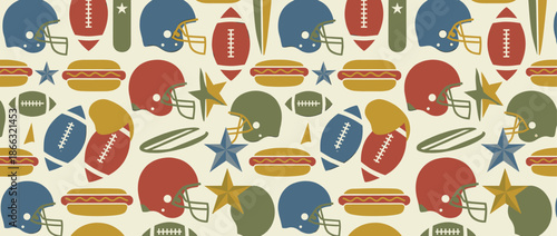 Seamless American football pattern with helmets, balls, hot dogs, and stars in a retro flat graphic design style with a vintage color palette on a light cream background