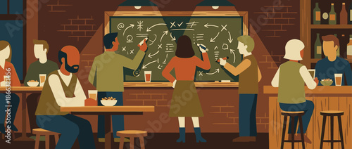 Diverse team of colleagues collaborating on a business strategy, drawing diagrams and flowcharts on a large chalkboard in a cozy, informal pub setting after work