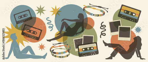 Retro style illustration of cassette tapes, people silhouettes, friendship bracelets, and photo frames in a nostalgic collage with a textured, vintage aesthetic and muted color palette
