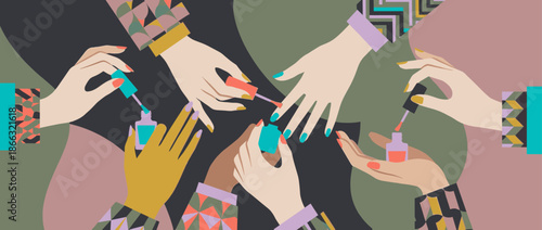 Many colorful illustrated hands of diverse women applying nail polish to their fingernails in a modern, geometric style, symbolizing a beauty salon or a pampering party
