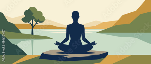 Dark blue silhouette of a person meditating in a lotus pose on a rock by a tranquil lake with mountains in the background, a flat vector illustration concept