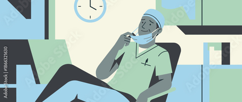 Tired male doctor in green scrubs smiling while taking off a face mask and resting in a chair after a long shift, a flat vector illustration showing relief and exhaustion