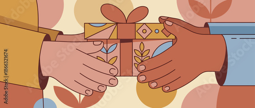 Two hands exchanging a beautifully decorated gift box with a ribbon in a modern flat illustration style, representing generosity, celebration, and kindness on an abstract background