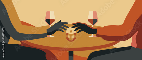 Stylized illustration of a couple's hands reaching for each other over a lit candle during a romantic dinner with two glasses of red wine on a round table