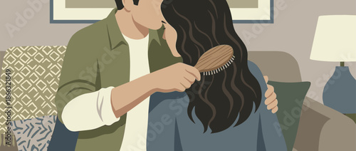 Caring man gently brushing a woman's long dark wavy hair with a wooden brush, an intimate and tender moment of affection between a couple at home