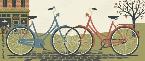Two vintage blue and red bicycles parked together on a charming cobblestone street in front of a cafe and a romantic tree with heart-shaped leaves