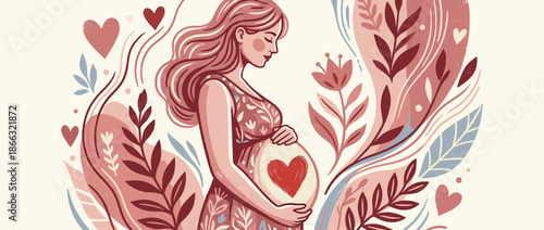 Stylized illustration of a pregnant woman cradling her belly with a heart, surrounded by gentle floral motifs and abstract shapes in a tender concept of motherhood