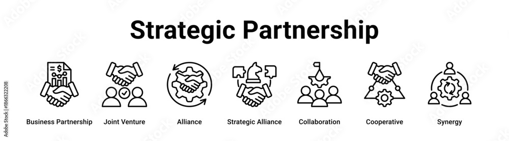 Fototapeta premium Strategic Partnership web banner icon vector illustration concept for business with icon of Business Partnership, Joint Venture, Alliance, Strategic Alliance, Collaboration.