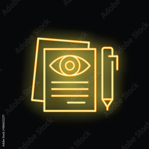Yellow glowing neon icon of an eye symbol on a document with a pen, representing concepts like witness statement
