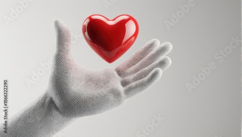 A red heart floats above a gloved hand against a soft white background, symbolizing care