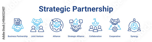 Strategic Partnership web banner icon vector illustration concept for business with icon of Business Partnership, Joint Venture, Alliance, Strategic Alliance, Collaboration.