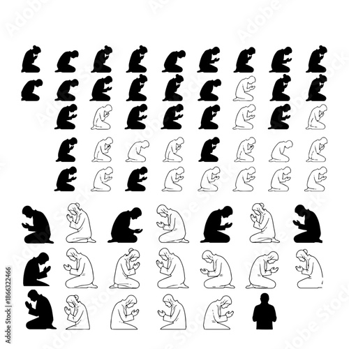 Muslim prayer silhouette set, black vector figures of men and women kneeling