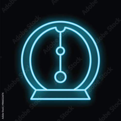 Glowing blue neon icon of a newton's cradle, illustrating the scientific principles of momentum and energy conservation