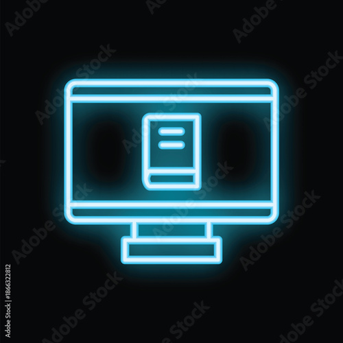 Blue neon icon of online education concept with computer screen displaying book against black background