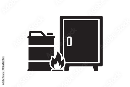 Fireproof safe and flammable gas canister silhouette icon - Industrial safety equipment with fire hazard symbol