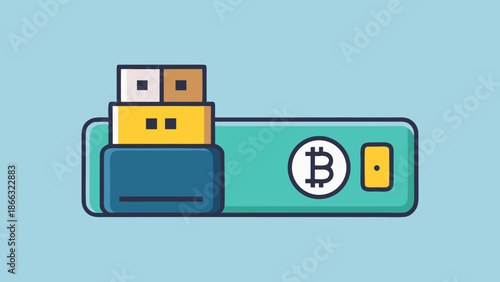 Minimalist vector of a sleek USB hardware wallet with a small digital screen showing a lock icon and Bitcoin symbol, cybersecurity concept.