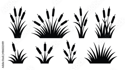 Set of cattail silhouettes in various sizes and arrangements