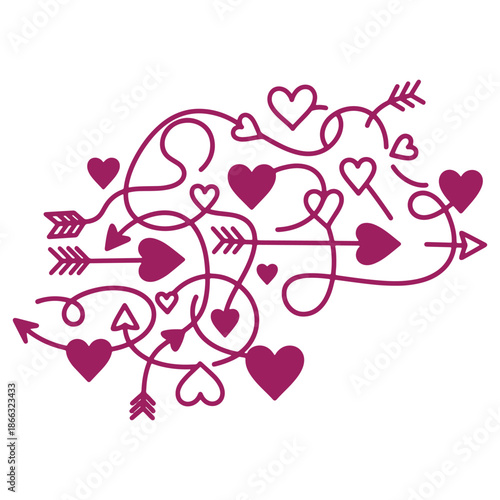 Abstract illustration of intertwined hearts and arrows symbolizing love and affection ideal for Valentines Day or romantic themes