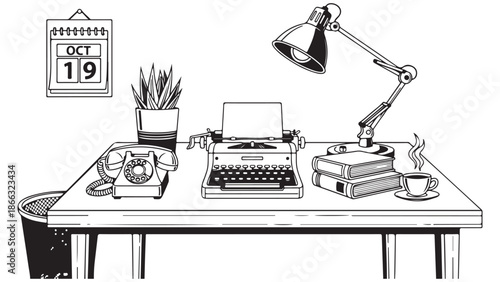 Monochromatic Office Desk Setup Line Art Vector Illustration