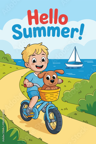 Happy cartoon boy riding bicycle with cute dog in basket along summer path cheerful illustration for family lifestyle children's book travel vacation adventure recreation healthy outdoor activity and