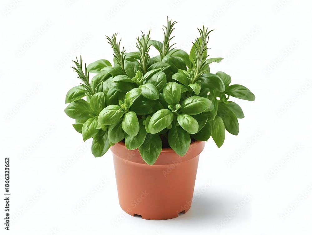 Fototapeta premium Lush green herbs in a terracotta pot for cooking and gardening