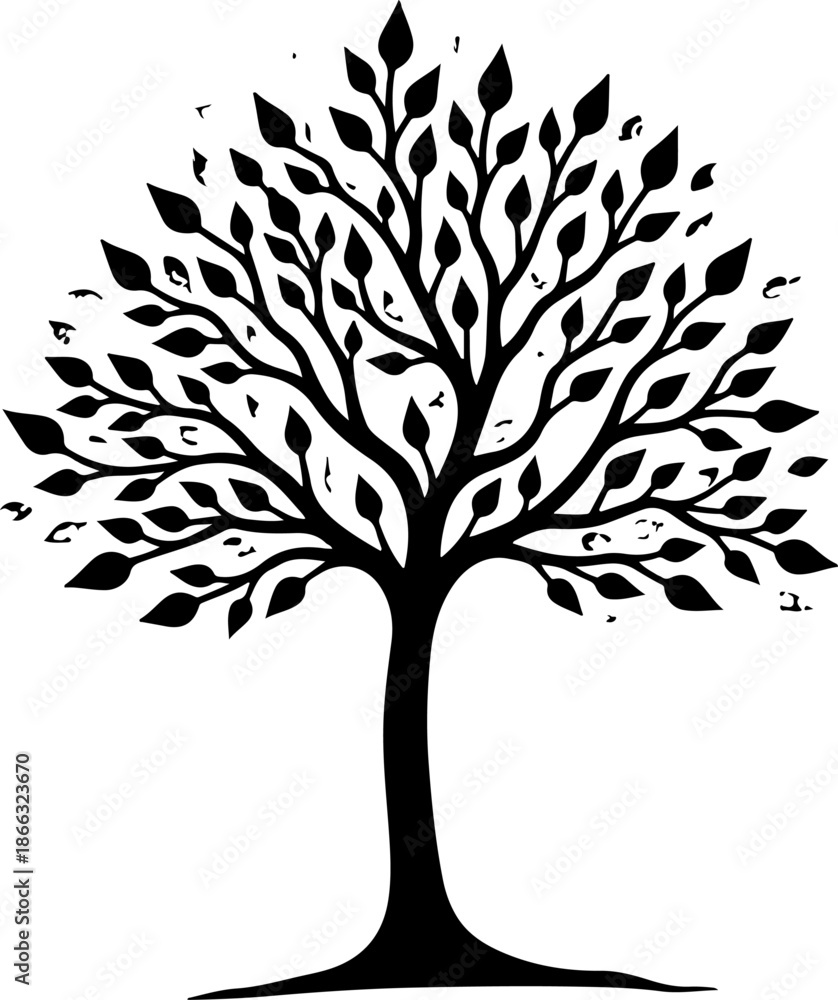 Obraz premium Majestic Tree with Full Canopy SilhouetteFlourishing Tree of Life Black IllustrationSpreading Branches Tree Silhouette Design