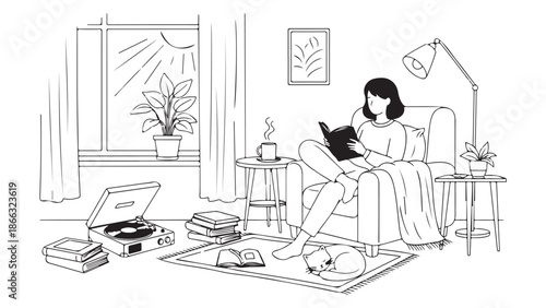 Line Art Illustration of Woman Reading in Armchair with Cat