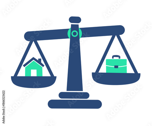An illustration showing a balance scale comparing a house and a briefcase, designed with a blue and green color palette, representing work life balance, personal priorities, decision making