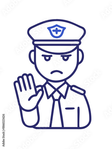 Police officer gesturing stop with hand and angry face, best for flyer and any design needs