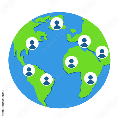 An illustration vector showing a simplified world globe with circular nodes containing human icons, representing global connectivity, online communication, social networking, remote collaboration