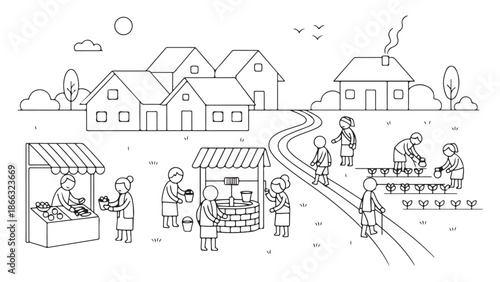 Minimalist Outline Illustration of Rural Life with Market and Farm