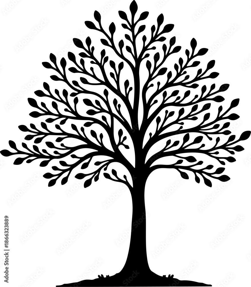 Fototapeta premium Majestic Tree with Full Canopy SilhouetteFlourishing Tree of Life Black IllustrationSpreading Branches Tree Silhouette Design