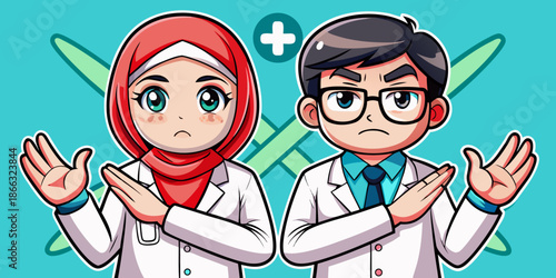 Medical professionals gesturing no sign with concerned expressions in cartoon art style