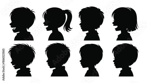 Diverse group of children silhouettes in profile