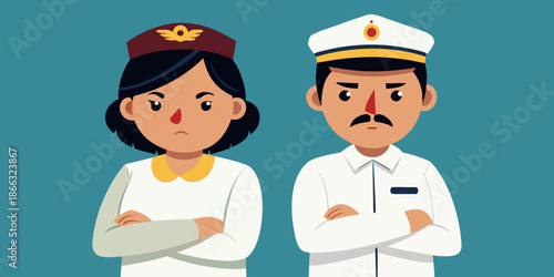 Disgruntled skipper attendant standing with arms crossed and angry expression, perfect for warning  design