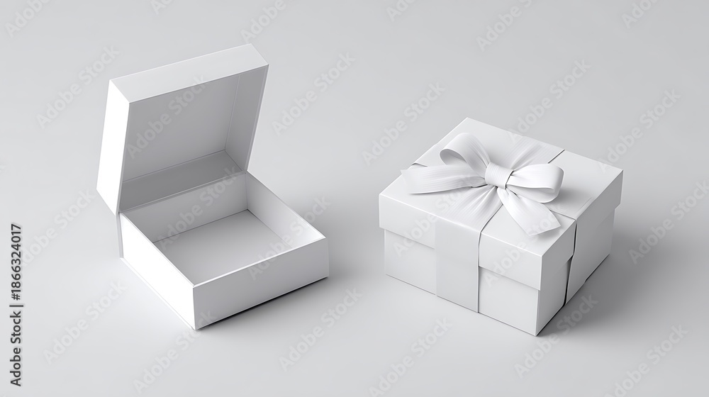 Fototapeta premium Two pristine white square boxes, one open, one closed with ribbon, set against a gray backdrop