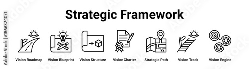 Strategic Framework web banner icon vector illustration concept for business with icon of Vision Roadmap, Vision Blueprint, Vision Structure, Vision Charter, Strategic Path, Vision Track.